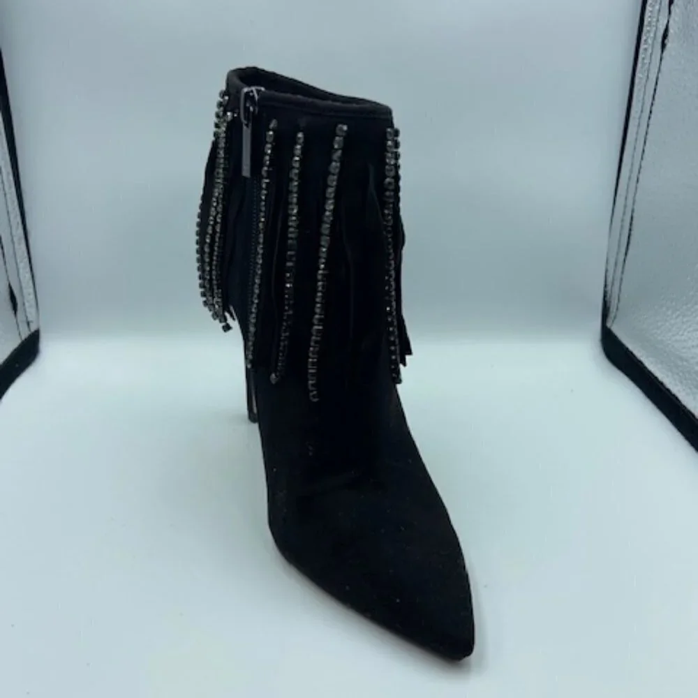 Jessica Simpson Black Suede PRISTA Heeled Booties With Fringe Stones Siz…